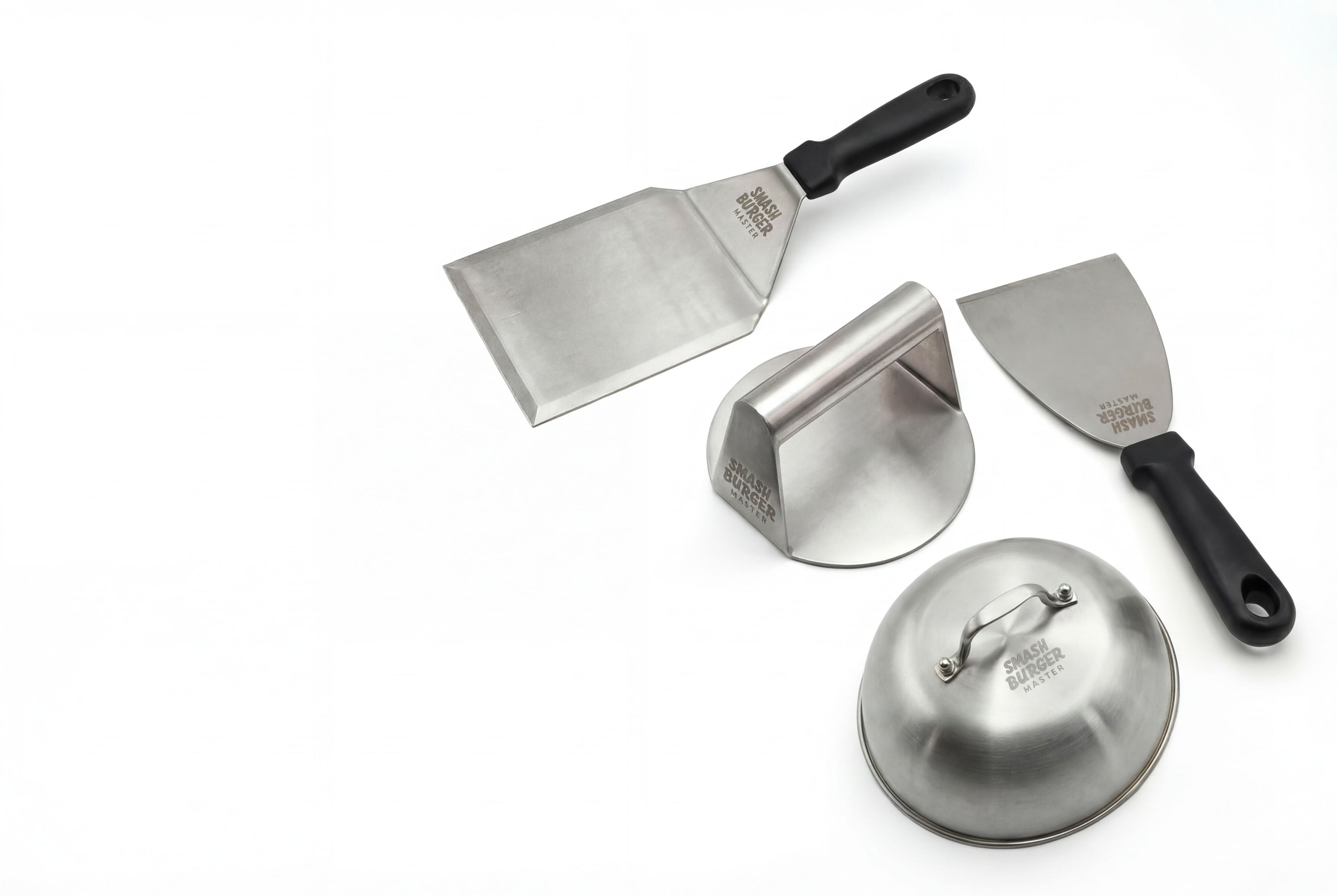 Smashburger Master 4-delige set – hamburgerpers, spatula, scrapper en kaas smelter in RVS