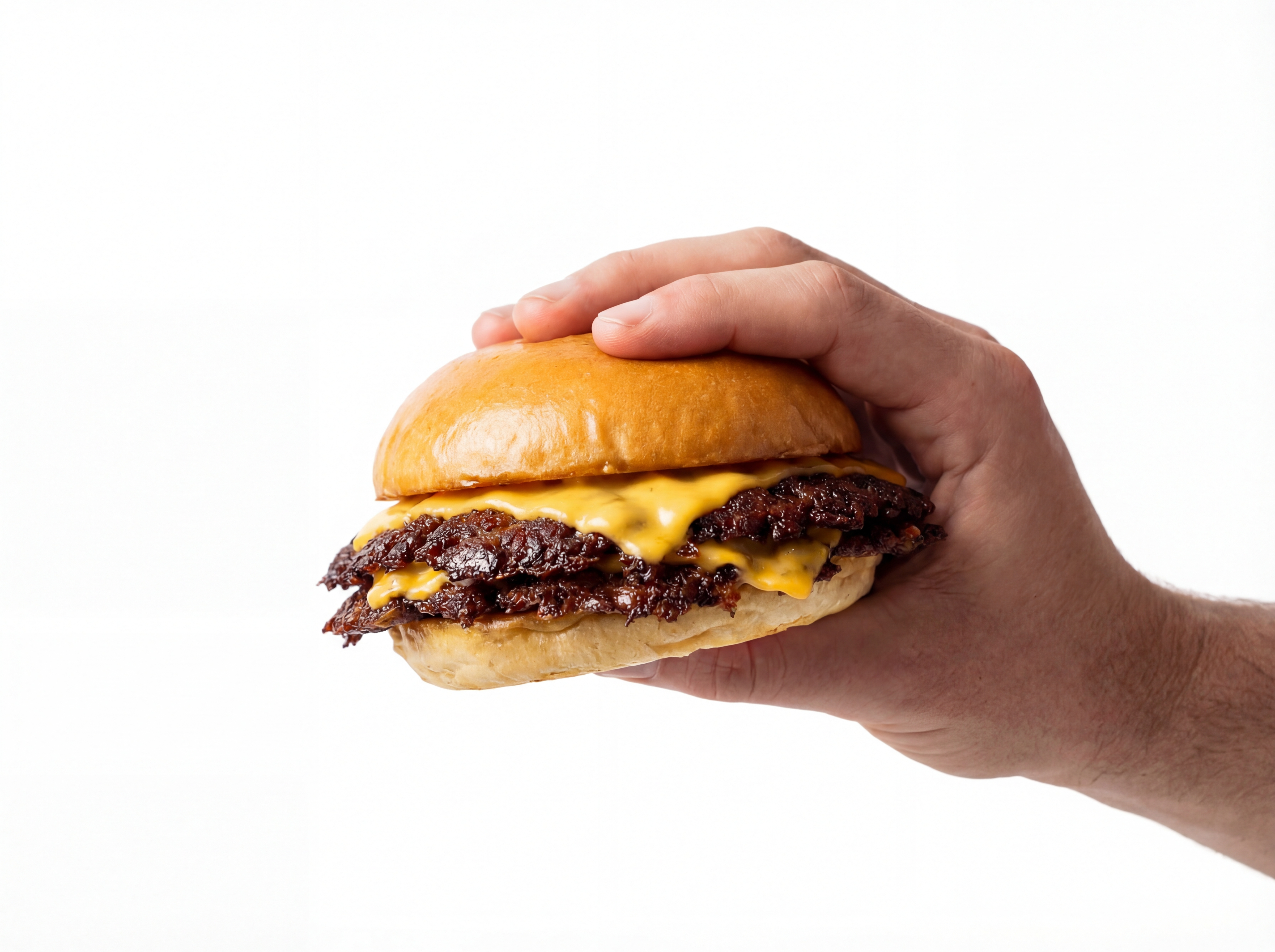 Hand holding a smashburger on a white background