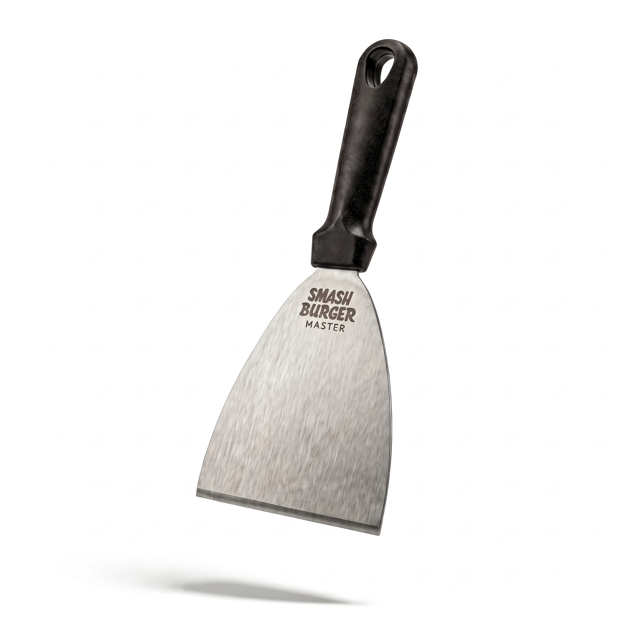 Smash Burger Master scraper vooraanzicht, zwevend gecentreerd op witte achtergrond, handvat omhoog, geborsteld RVS mes