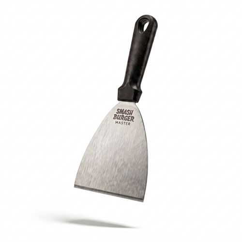 Smash Burger Master scraper vooraanzicht, zwevend gecentreerd op witte achtergrond, handvat omhoog, geborsteld RVS mes