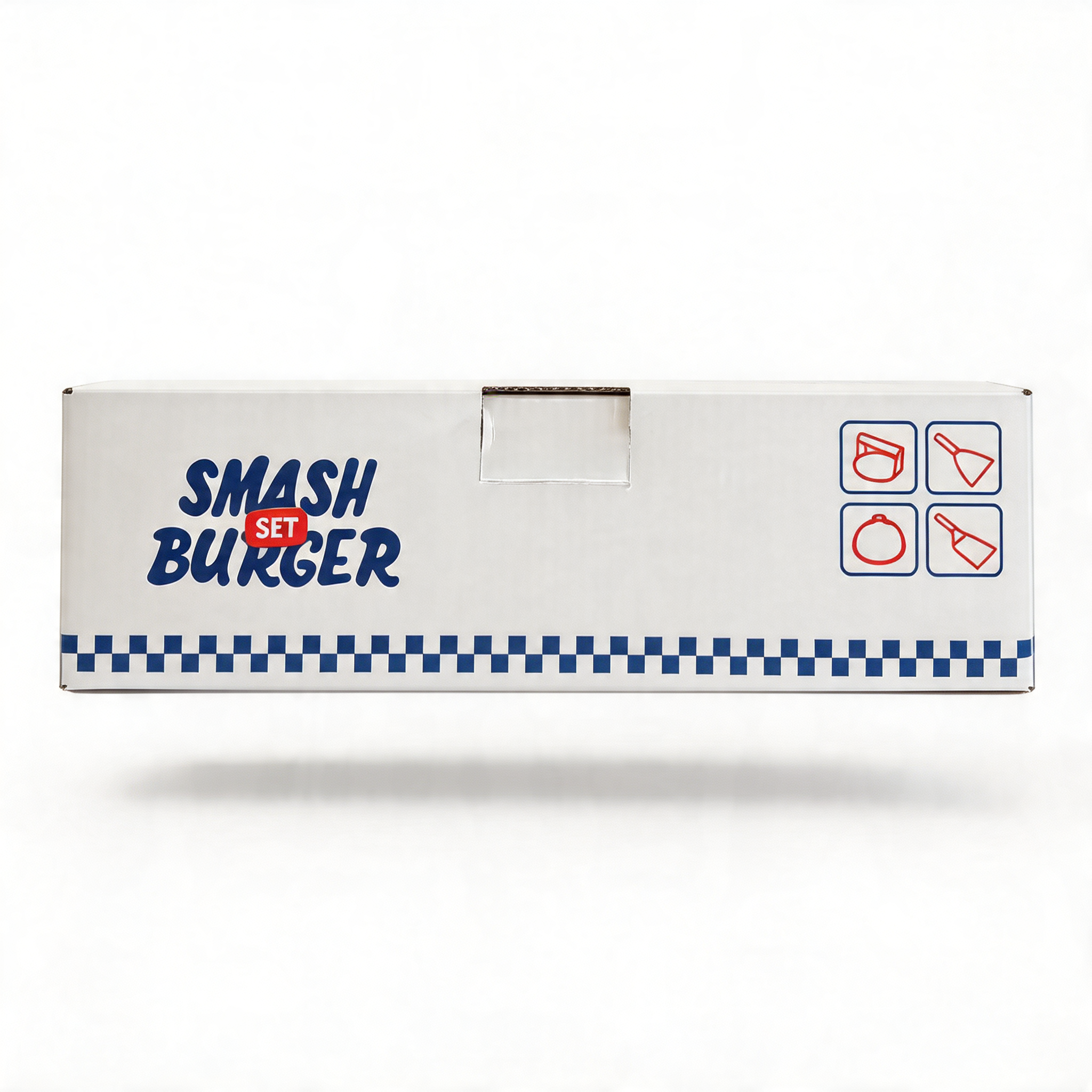 Witte verpakkingsdoos Smash Burger Master Set met illustraties van spatula, scraper, burger press en cover lid, blauw ruitjespatroon, complete BBQ smash burger gereedschap set