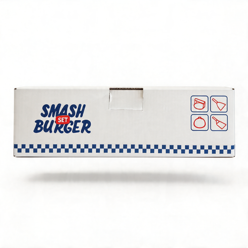 Witte verpakkingsdoos Smash Burger Master Set met illustraties van spatula, scraper, burger press en cover lid, blauw ruitjespatroon, complete BBQ smash burger gereedschap set